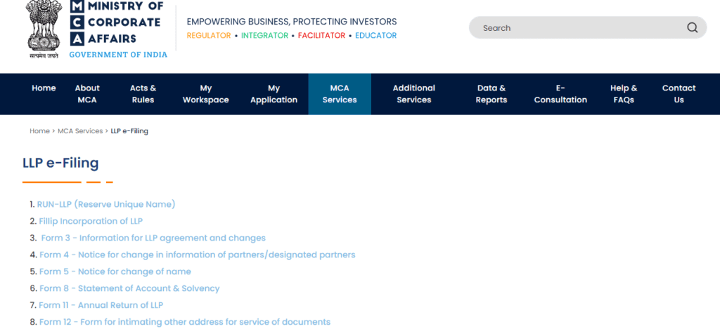 compliances for limited liability partnership mca website